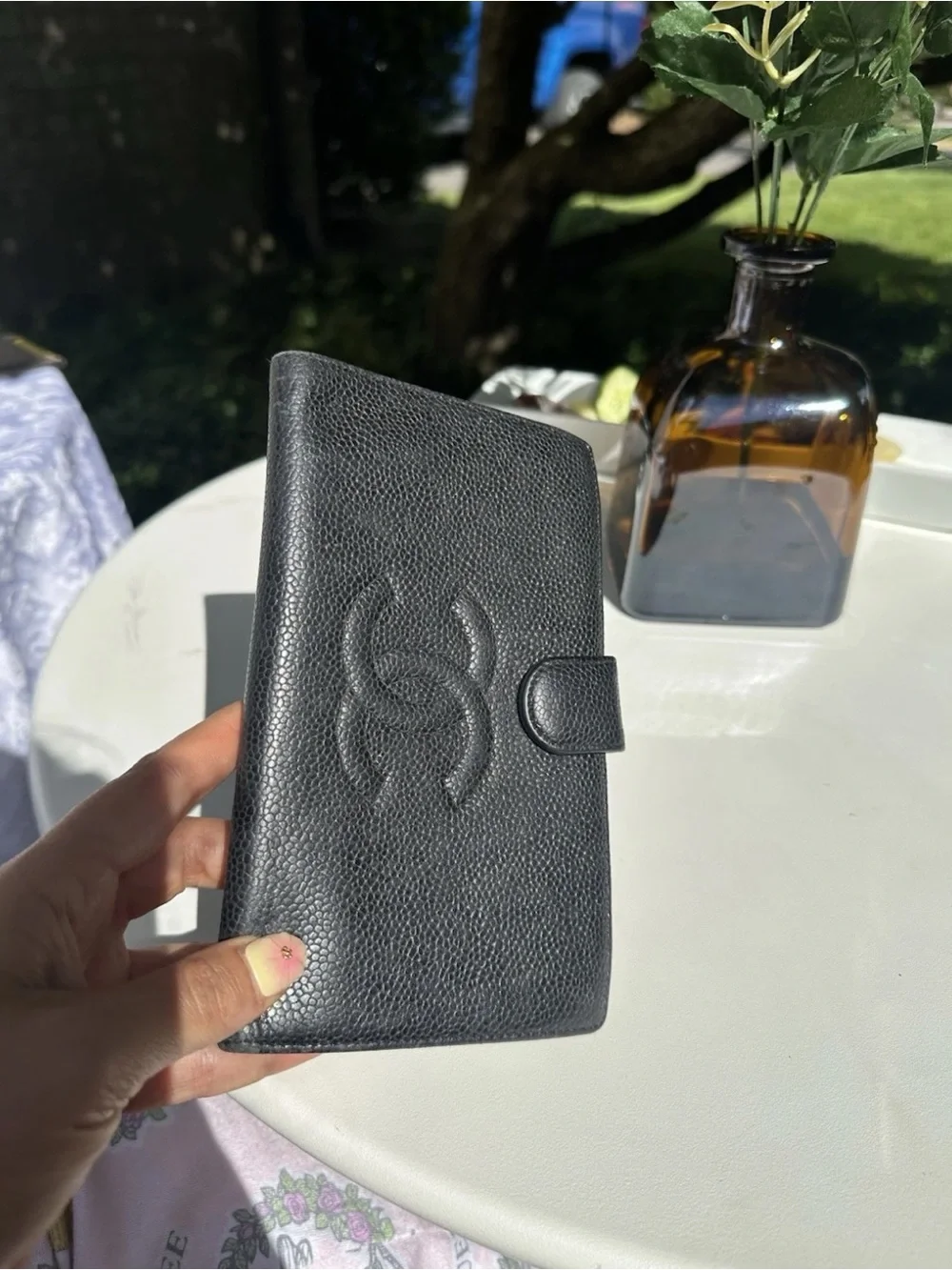 CHANEL Black Caviar Leather Phone Wallet Case with CC Logo Tri Fold Vintage